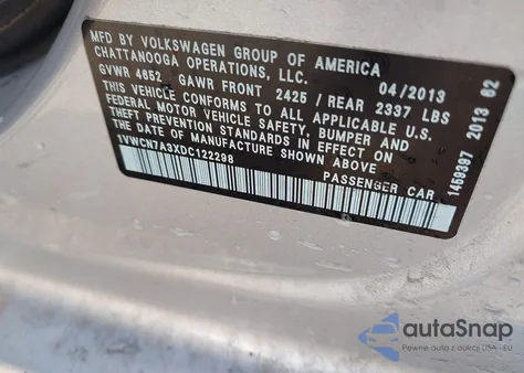 2013 Volkswagen Passat 2.0L Tdi Sel Premium from USA, damaged, VIN 1VWCN7A3XDC122298